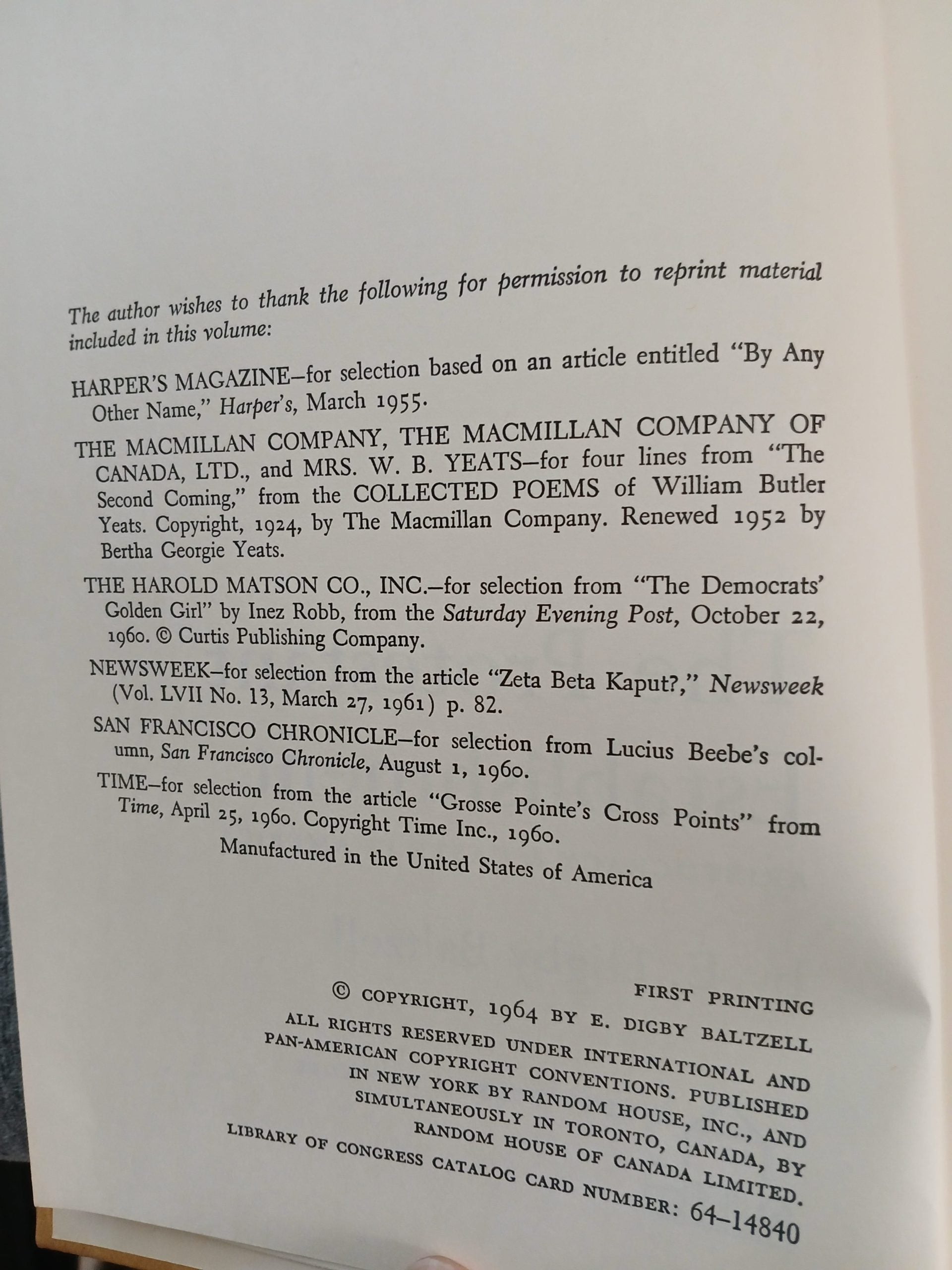 The Protestant Establishment: aristocracy & caste in America by E. Digby Baltzell -Hardcover – 1st Printing, 1964 The Protestant Establishment: aristocracy & caste in America by E. Digby Baltzell -Hardcover – 1st Printing, 1964