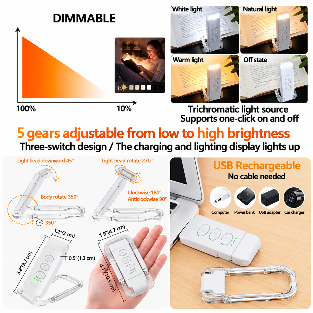 Reading Light for Bed: USB Rechargeable LED Mini Book Reading Light Dimmable Night Lights Clip Portable